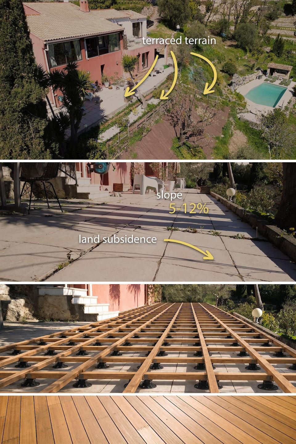 First project: transforming an old terrace into a wooden deck A pedestal-supported wooden deck structure in development, showing the transformation of an old tiled terrace into a durable, aesthetic, and well-designed outdoor space.